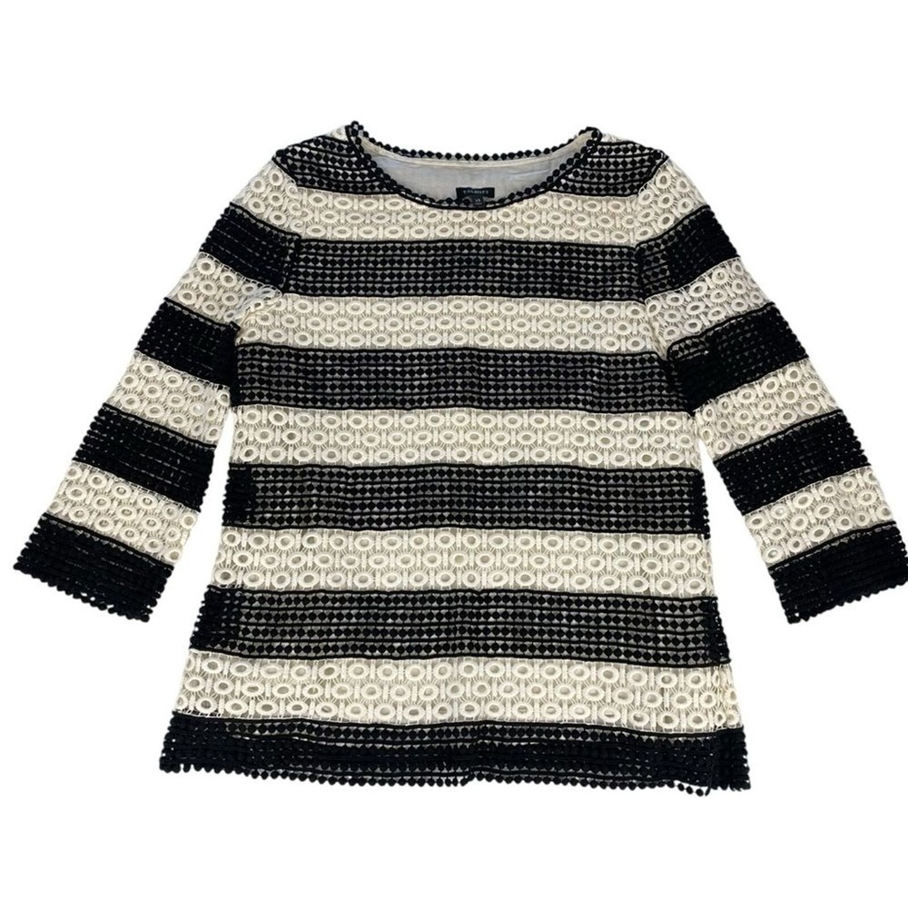 Talbots Black White Eyelet Striped Crochet‎ Lace Tunic Top Blouse Size XS - Picture 3 of 9